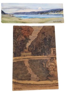 deux aquarelles représentant un paysage et une rivière