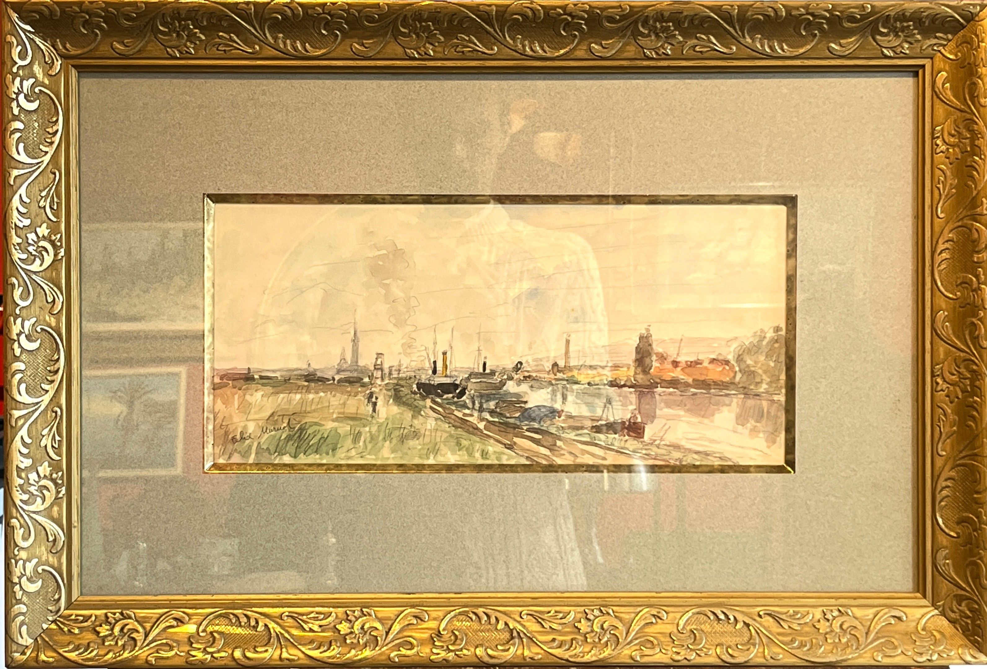 Félix MURNOT (né en 1924). Paysage fluvial. Aquarelle sur trait de crayon. Signé en bas gauche. 17 x 38 cm. Encadré s...