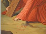 painting of jesus carrying a wooden cross with the words l ' eaeu a paris