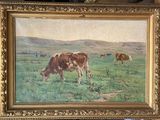 a painting of cows grazing in a field with hills in the background