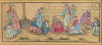 an image of a painting of a group of people in a barn