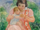 tableau représentant une femme tenant un bébé dans ses bras, vêtu d'une robe rose