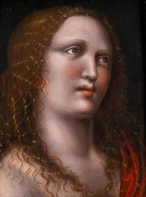 un tableau représentant une femme aux cheveux longs vêtue d'une robe rouge