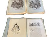 three open books with illustrations of people and animals on them