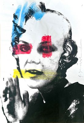 a picture of a painting of a woman with red, blue, and yellow paint on her face