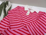 a pink and red striped shirt and a green and white shirt