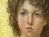 an oil painting of a young girl with curly hair and blue eyes