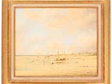 a painting of a beach scene with sailboats in the distance