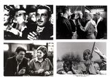 several black and white photos of people and a man in a suit and tie