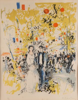 une image représentant un tableau où l'on voit un homme et une femme se promenant dans un parc