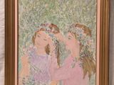 a painting of two girls with flowers in their hair in a gold frame
