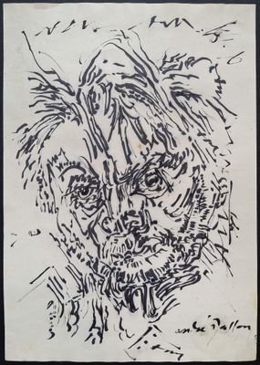 un dessin en noir et blanc représentant le visage d'un homme sur une feuille de papier
