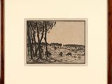 dessin représentant un paysage avec des vaches paissant dans un champ et des arbres
