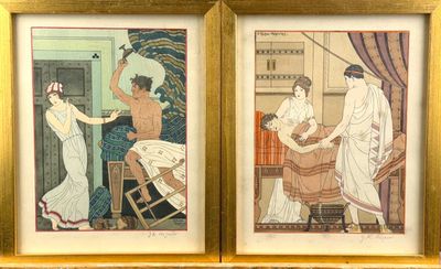 two framed pictures of a woman and a man sitting on a chair