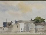 a picture of a painting of a building in the middle of a field