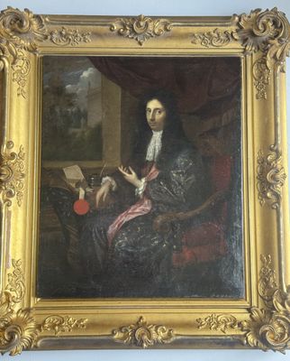 tableau représentant un homme en manteau noir assis sur une chaise avec un chien