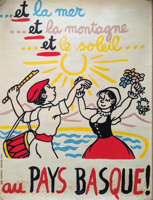 a sign advertising a french restaurant with a woman and a man dancing