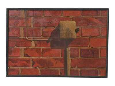 painting of a brick wall with a birdhouse on top of it