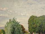 a painting of cows grazing in a field with trees in the background