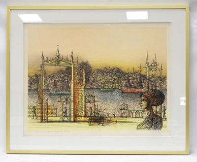 un tableau représentant une vue d'un port avec des bateaux et des bâtiments