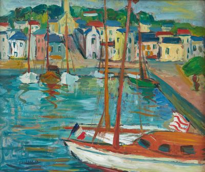 tableau représentant des voiliers dans un port, avec des maisons en arrière-plan