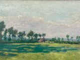 une peinture à l'huile représentant un champ avec des arbres et une maison au loin