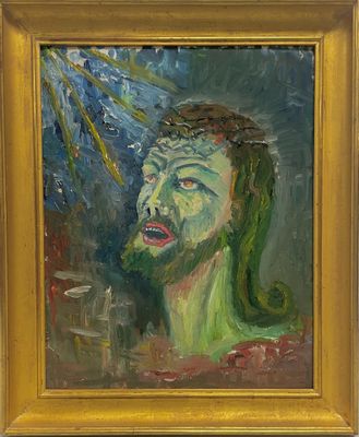 une peinture à l'huile représentant un homme portant une couronne d'épines sur la tête