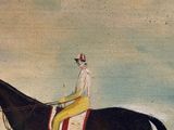 a painting of a man riding a horse on the beach