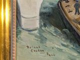 a painting of a boat in the water with smoke coming out of it
