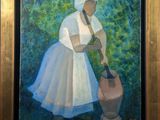 an oil painting of a woman in a white dress holding a jug