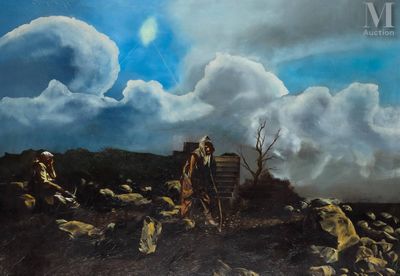 tableau représentant deux hommes debout dans un champ parsemé de rochers et d'arbres