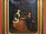 an image of a painting of a woman reading a book with a man sitting next to her