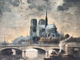 tableau représentant un tableau d'une ville avec un pont en arrière-plan