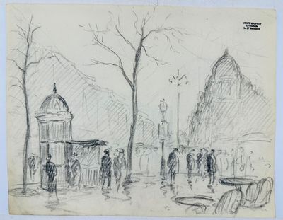 dessin au crayon représentant une scène de rue avec des passants et une tour horloge en arrière-plan