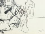 drawing of a woman sitting at a table with a bottle of wine in her hand