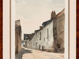 a watercolor painting of a street in a village