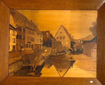 une photo d'un tableau représentant une vache dans un village