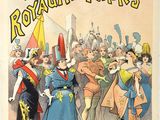 a poster for the theatre of eldorao, featuring a man in a blue dress and a woman in