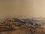 une photo d'un tableau représentant un paysage de montagne accroché au mur