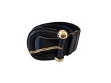 black leather belt with gold buckle on a white background