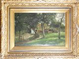 an oil painting of a farm scene with a fence and trees