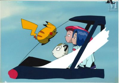 cartoon picture of a man and a woman in a plane with a pikachu flying in the sky