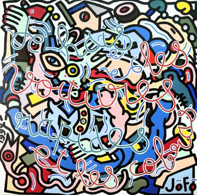 a painting of a group of people with different colors and shapes