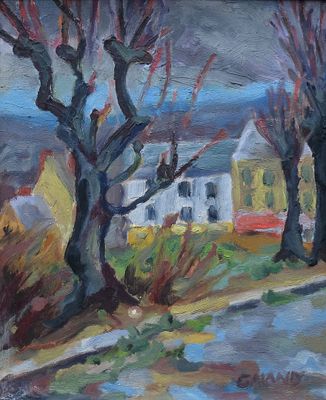 GALAND (XXème), "Paysage au ciel gris", huile sur isorel, 50…