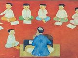 a painting of a group of people sitting in a circle