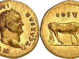 a close up of a gold coin with a cow on it