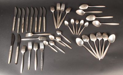 many forks and spoons laid out on a table