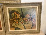 two paintings of fruit on a table next to each other