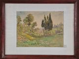 tableau représentant un paysage avec des arbres, encadré et accroché au mur