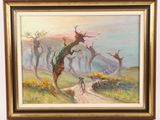 tableau représentant une femme marchant sur un chemin de terre